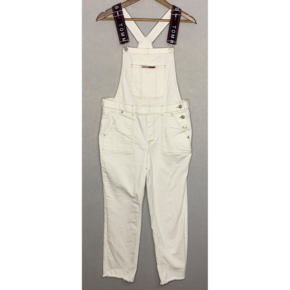 Tommy Jeans Skinny Cropped Raw Hem Denim Overalls Womens 10/30 White Stretch